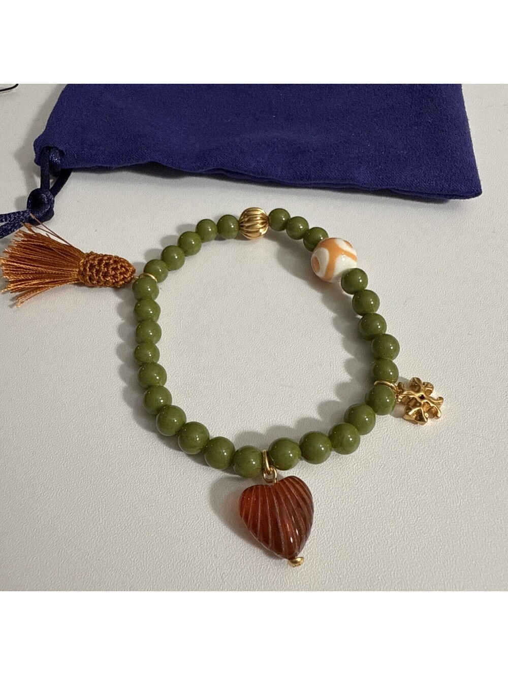Tory Burch Women's Roxanne Beaded Tassel Bracelet Green Heart